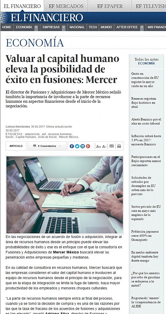 Valuar al capital humano eleva la posibilidad de xito en fusiones: Mercer